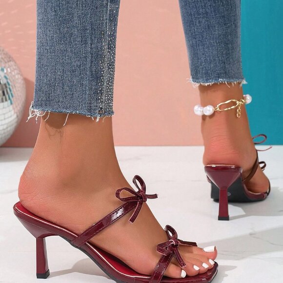 Burgundy Bowknot Open Toe High Heel Women's Sandals - Picture 4 of 7